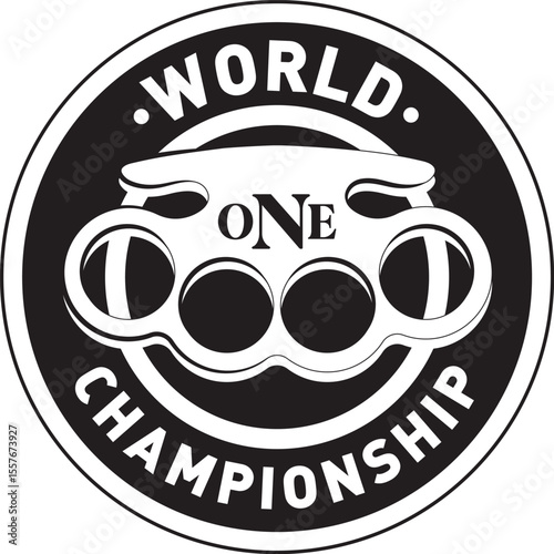 World Championship Emblem: A stark, high-contrast emblem in bold black and white, emblazoned with the words "World One Championship" surrounding a striking knuckle duster graphic.