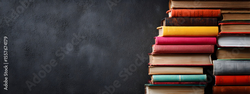 horizontal image of a top view of a stack of books Dark background with copy space for text. World Book Day concept. For banner, design, cover, thumbnail, social media, business, linkedin, presentat