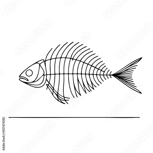 Fish skeleton in a stylized line drawing on a pale gray background representing marine biology