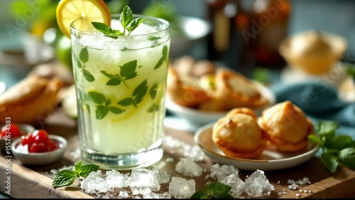 Refreshing Lemon Mint Cocktail With Ice Cubes And Appetizers On Wooden Tray With Blurred Background