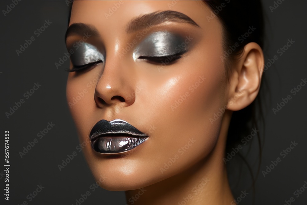 Fototapeta premium Stunning Close up of Woman with Metallic Silver Eyeshadow and Glossy Black Lips Makeup Look