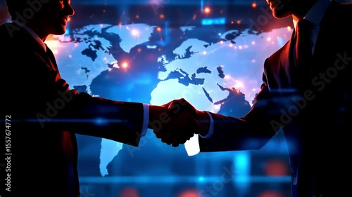 Silhouette of Two Men Shaking Hands with a World Map Background Featuring Blue And Orange Lights
