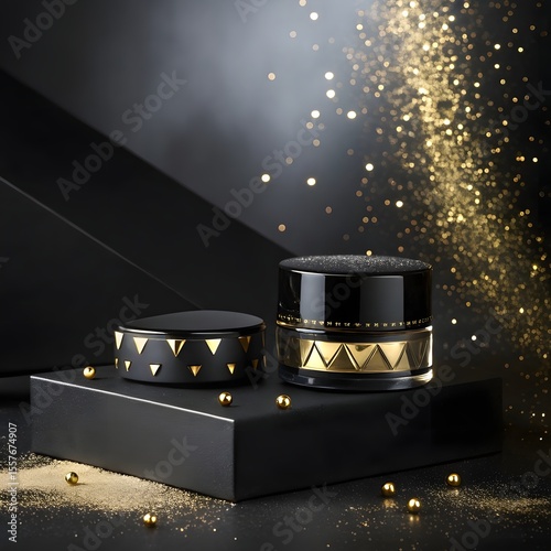 Luxury Black and Gold Cosmetic Jars with Golden Glitter, Elegant Product Display, Premium Skincare. photo