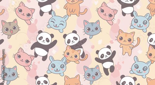 Playful Cartoon Pandas Cats and Rabbits in a Seamless Kawaii Pattern.