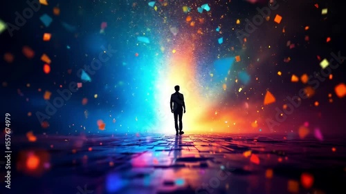Silhouetted Pixelated Figure Walking Towards Bright Light in a Futuristic Abstract Environment