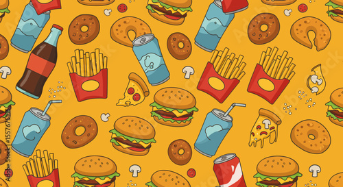 Playful Fast Food Pattern Burgers Fries Pizza Donuts and Soda Beverages.