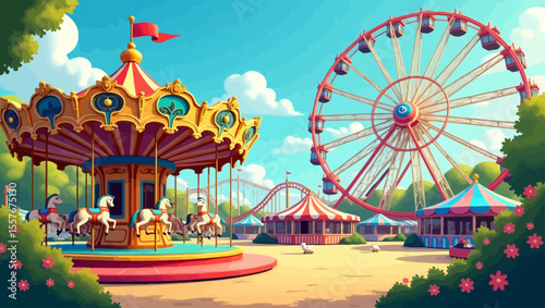 Vibrant vector amusement park scene with carousel, Ferris wheel, and tents, ideal for fairground, summer fun, and family entertainment designs.