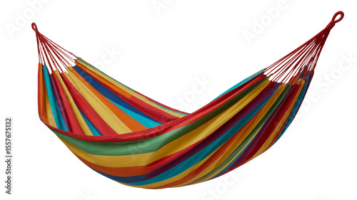 A Hammock's Embrace: A colorful hammock swings invitingly, its vibrant stripes of red, yellow, green, and blue offering a tranquil space for relaxation.