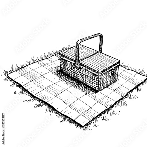 Picnic basket on checkered blanket in grass. Classic picnic basket with handle and lid on outdoor picnic blanket.  Simple picnic scene perfect for Independence Day celebration invitations and cards.