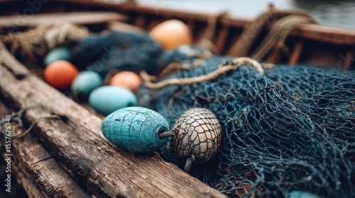 Detailed shot of a fishing boat deck with tangled nets, buoys, and weathered wood texture