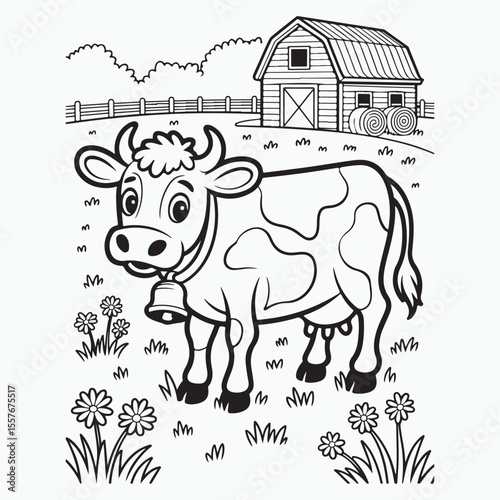 Cartoon cow with barn and hay bales in black and white