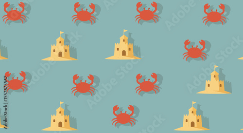 Playful Pattern of Cartoon Crabs and Sandcastles on a Blue Background.
