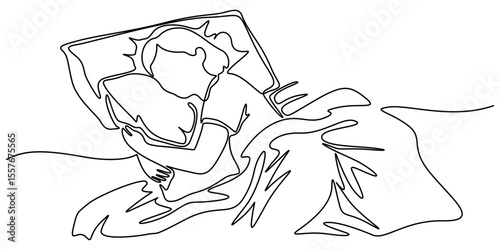Woman sleeping on pillow bed continuous one line drawing. Sleeping woman in single line art illustration. Editable vector, Continuous single line sketch drawing of woman sleep, Woman home sleep relax.
