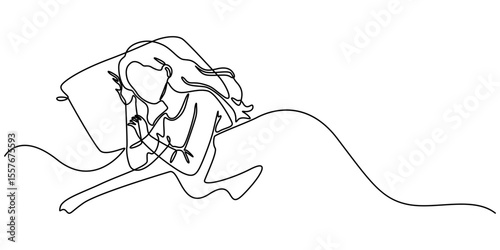 Woman sleeping on pillow bed continuous one line drawing. Sleeping woman in single line art illustration. Editable vector, Continuous single line sketch drawing of woman sleep, Woman home sleep relax.