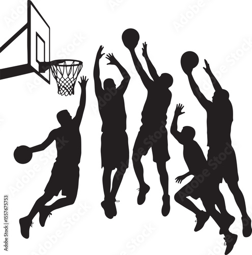 Player Dunking Basketball Silhouette

Basketball Dribbling Action Vector

Jump Shot Silhouette of Basketball Player

Basketball Hoop and Ball Vector Art

Fast Break Basketball Scene Silhouette