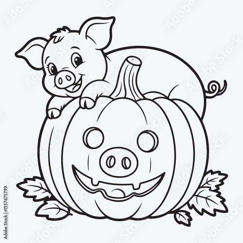 Outline drawing of a pig on a jack o lantern with leaves