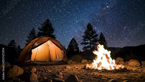 Starry Night Camping Scene With Tent And Campfire