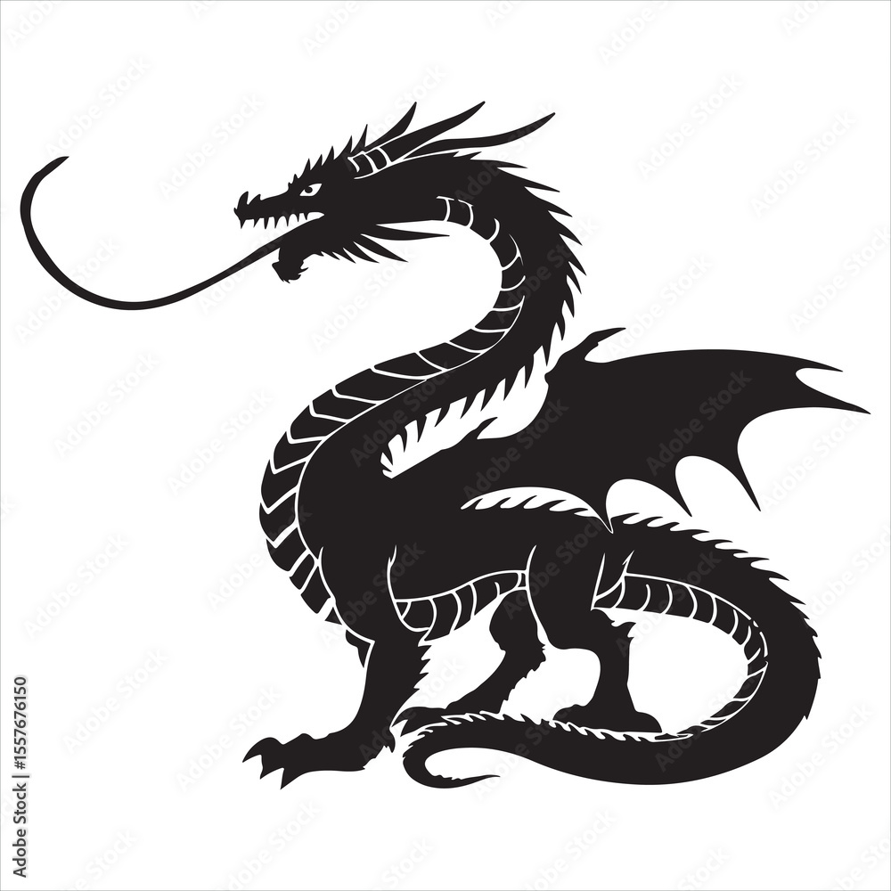 Obraz premium Majestic Dragon Silhouette with Intricate Spikes and Curled Tail A Symbol of Mythical Power and Fantasy Art