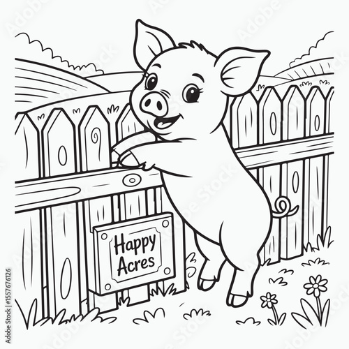 Piglet looking over fence at happy acres coloring page