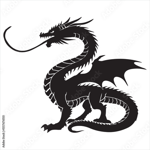 Majestic Dragon Silhouette with Intricate Spikes and Curled Tail A Symbol of Mythical Power and Fantasy Art