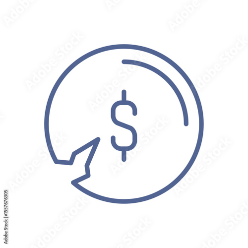 Financial crisis icon, minimal economic downturn symbol, declining market trend, money loss representation and bankrupt business element, simple economic risk indicator line flat vector illustration.