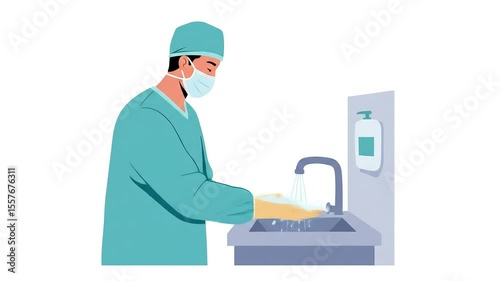 Surgeon Washing Hands in Blue Surgical Scrub in a Clinic Setting with White Background
