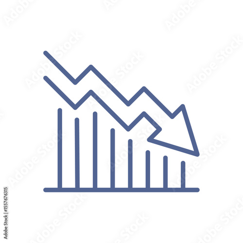Financial crisis icon, minimal economic downturn symbol, declining market trend, money loss representation and bankrupt business element, simple economic risk indicator line flat vector illustration.