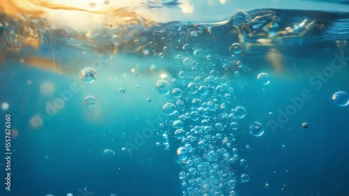 Underwater Bubbles Rising With Sunlight Shining Through Blue Water