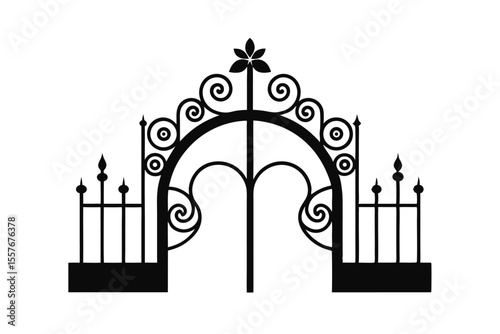 Antique Garden Gate Silhouette Line Art on White Background Design