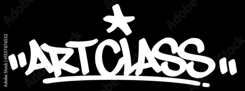 Hand drawn white graffiti tag "Art Class" on black background. Urban street art style for creative, student, and back to school themed designs.