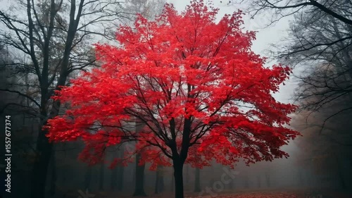 Vibrant Red Tree In Autumnal Forest Landscape With Foggy Background and Fallen Leaves