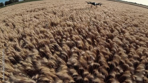 Agricultural drone hovering above ripening wheat field, capturing precision farming aerial imagery for crop health monitoring and yield evaluation