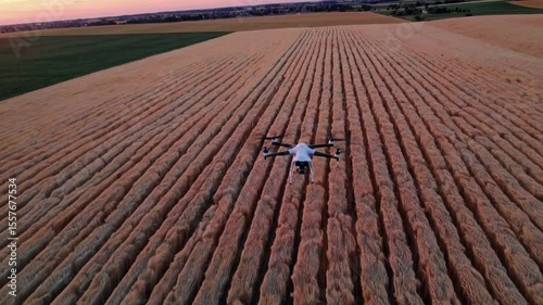 Agricultural drone hovering above ripening wheat field, capturing golden sunset landscape with cutting edge farming technology and rural panoramic view