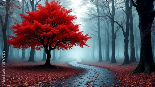 Vibrant Red Tree in Misty Autumnal Forest with Winding Pathway and Fallen Red Leaves