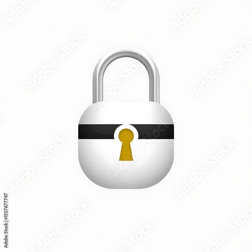 
A stylized, white cartoon padlock with a black stripe and a golden keyhole, presented centrally on a clean white background.