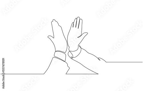 Continuous One Line Drawing High Five Hands. Teamwork Success Celebration, One line drawing of two men giving high fives gesture hands. Two friends smile with their hands up and clap their palms.