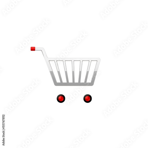 A minimalist icon features a white shopping cart with red handles and wheels, set against a clean white background.