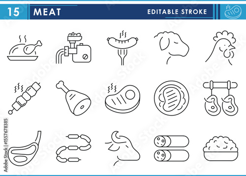 A set of line icons related to Meat. Flesh, cattle, meat, business, steak, chicken, and so on. Vector editable stroke.