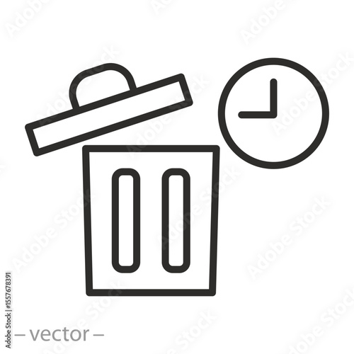 waste time, trash bin with clock icon, recycle time, hour cleaning, basket waste, recycling, cleaning hour, thin line symbol on white background - editable stroke vector eps10
