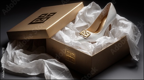 Premium designer shoebox slightly open, showcasing crystal-embellished high heel on white tissue, under soft dramatic lighting