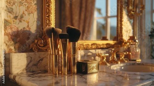 Luxury beauty setup with golden makeup brushes and Versace perfume on marble vanity, framed by baroque mirror and soft morning light