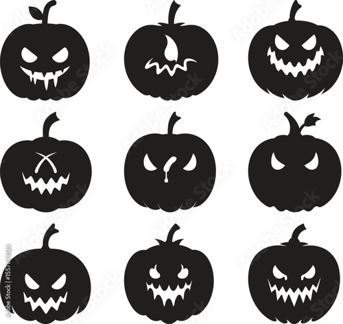 Set of spooky black silhouette Halloween pumpkins