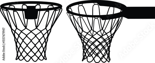 Basketball Hoop Silhouette Set, Net and Rim Black Vector Illustration.