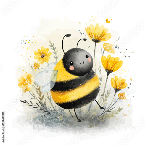 A cartoon illustration of a funny bee character smiling and flying happily over a yellow flower
