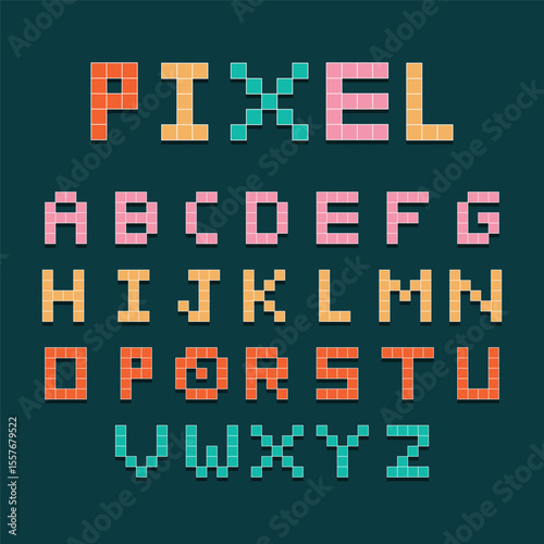 Pixel Alphabet: A vibrant and modern pixelated alphabet showcases each letter in a unique and colorful design, suitable for a variety of creative projects.