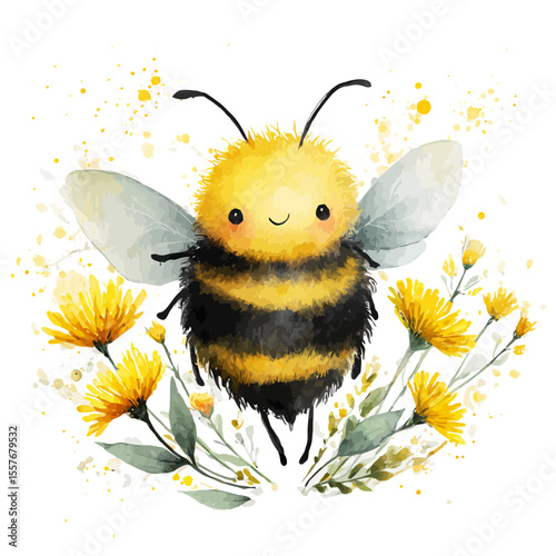 A cute cartoon bee flying among flowers with honey