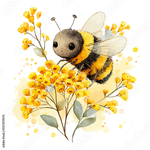 A vibrant cartoon bumblebee with yellow wings flies among beautiful flowers in a summer garden