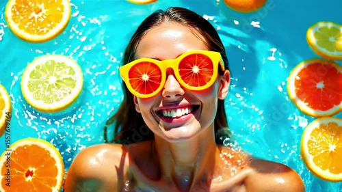 Young Woman Wearing Yellow Sunglasses Smiling Amidst Citrus Fruits Floating on Blue Water