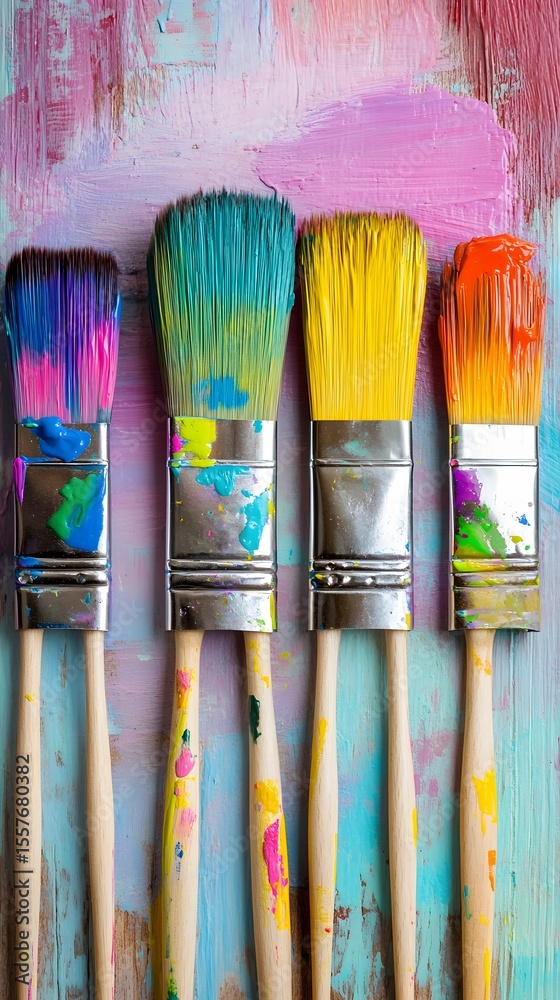 Fototapeta premium Vibrant Paint Brushes on Colorful Artistic Background