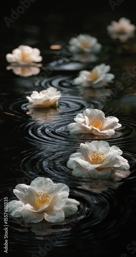 White Camellia Flowers Floating on Dark Water